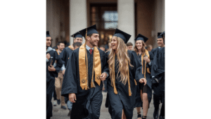Two college graduates walking together surrounded by friends