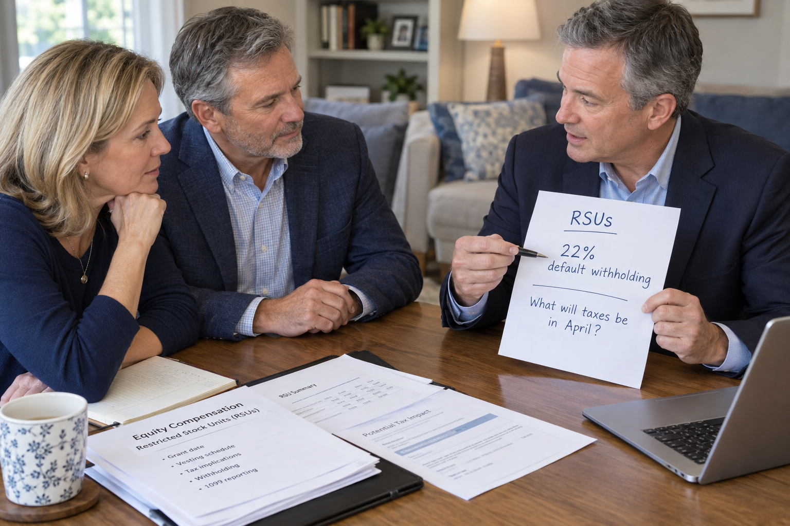 A couple discussing their equity comp options with their advisor